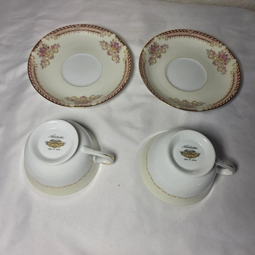 Noritake Tea Cup and Saucer Set of 2 Maroon Gold Floral Bone China Japan